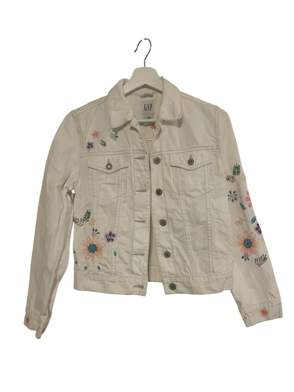 Girls GAP White Floral Embroidered Denim Jacket - Cottagecore Boho Chic size 12